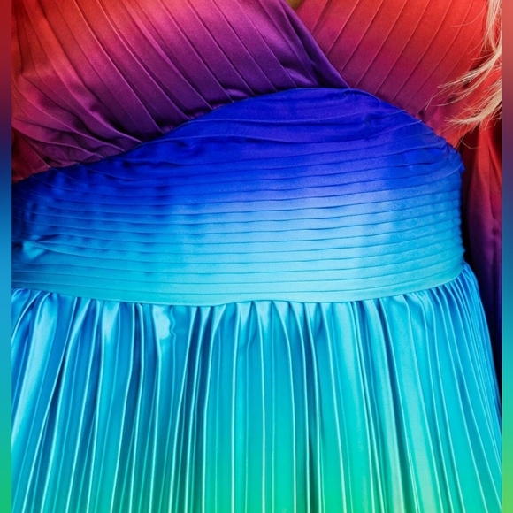 Rainbow Ombre Satin Pleated Womens Long Bell Sleeve V-Neck Colorblock - Picture 4 of 5